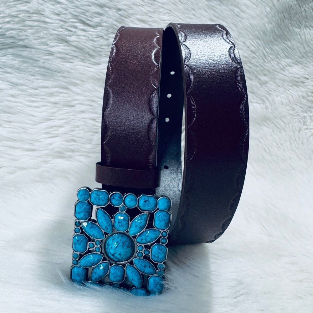 Western Boho Faux Turquoise Mosaic Buckle Belt Brown M (29.5-33.5) Waist Cowgirl